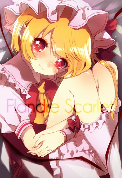 Anime picture 757x1100 with touhou flandre scarlet etsuo single tall image looking at viewer blush short hair blonde hair red eyes sitting head tilt character names grabbing girl wings socks white socks bonnet knickers