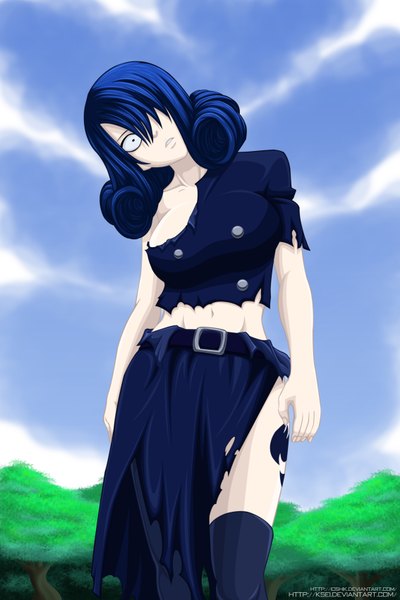 Anime picture 1133x1700 with fairy tail juvia lockser ksei single long hair tall image fringe light erotic blue hair sky cloud (clouds) black eyes hair over one eye midriff tattoo coloring torn clothes drill hair girl navel