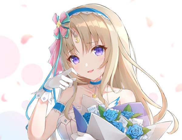 Anime picture 1400x1080 with virtual youtuber hololive hololive china civia kebin no shio amaou single long hair open mouth blonde hair white background purple eyes bare shoulders upper body horn (horns) tears girl gloves flower (flowers) choker white gloves