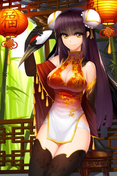 Anime picture 1500x2250 with sword girls snowball22 single long hair tall image breasts light erotic black hair brown eyes chinese clothes girl thighhighs gloves black thighhighs animal elbow gloves bird (birds) chinese dress