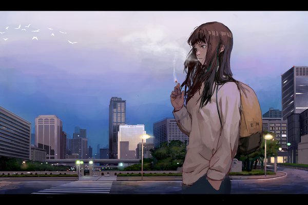 Anime picture 4200x2800 with original tomiya (tomiya2117) single long hair highres brown hair standing holding looking away absurdres sky outdoors profile wind mouth hold letterboxed smoke hand in pocket smoking street