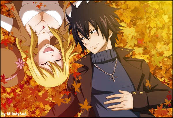 Anime picture 1726x1177 with fairy tail lucy heartfilia gray fullbuster milady666 long hair blush highres short hair open mouth black hair blonde hair smile lying eyes closed black eyes girl boy earrings pendant sweater