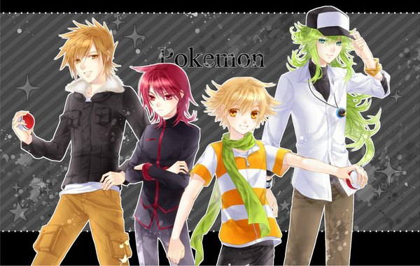 Anime picture 1062x676 with pokemon pokemon black and white pokemon heartgold and soulsilver nintendo n (pokemon) green (pokemon) silver (pokemon) pearl (pokemon) long hair short hair blonde hair smile red eyes green eyes yellow eyes red hair green hair inscription grey background wallpaper