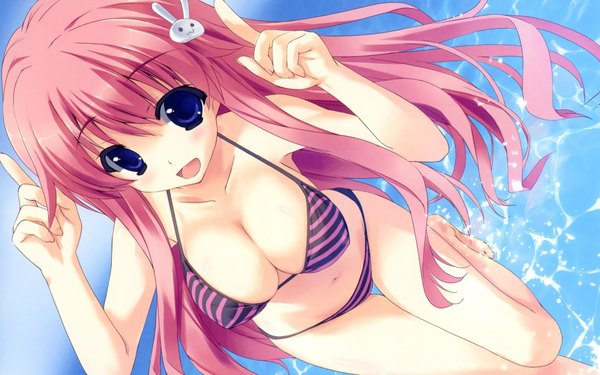 Anime picture 1920x1200 with baka to test to shoukanjuu silver link himeji mizuki single long hair blush highres breasts open mouth light erotic wide image purple eyes pink hair barefoot from above horns pose girl navel hair ornament swimsuit