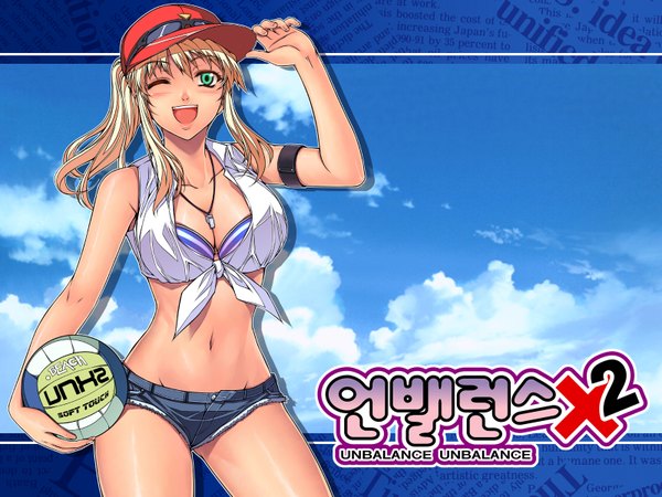 Anime picture 1600x1200 with unbalance unbalance caroline soo-hyon lee soo-hyun lee single long hair blush breasts open mouth light erotic blonde hair large breasts green eyes sky cleavage cloud (clouds) one eye closed wink official art midriff