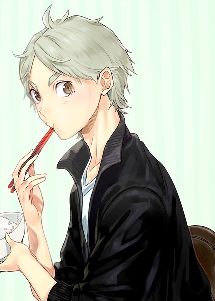 Anime picture 800x1120 with haikyuu!! production i.g sugawara koushi yanyo (ogino atsuki) single tall image short hair simple background sitting brown eyes looking away grey hair grey background mole mole under eye boy food chopsticks rice