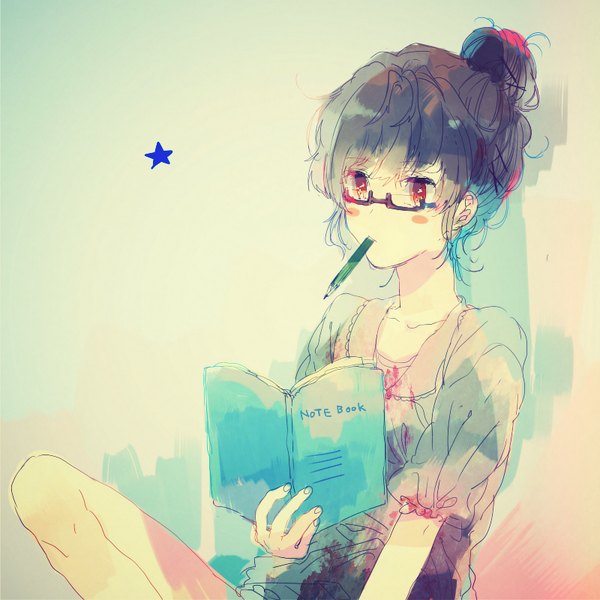 Anime picture 800x800 with shiokara single blush fringe short hair black hair simple background red eyes sitting holding payot hair bun (hair buns) mouth hold girl glasses star (symbol) blouse pencil notebook