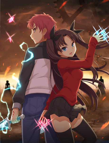 Anime picture 1073x1400 with fate (series) fate/stay night type-moon toosaka rin emiya shirou oyaji-sou long hair tall image short hair open mouth blue eyes black hair red hair girl thighhighs boy skirt bow weapon black thighhighs