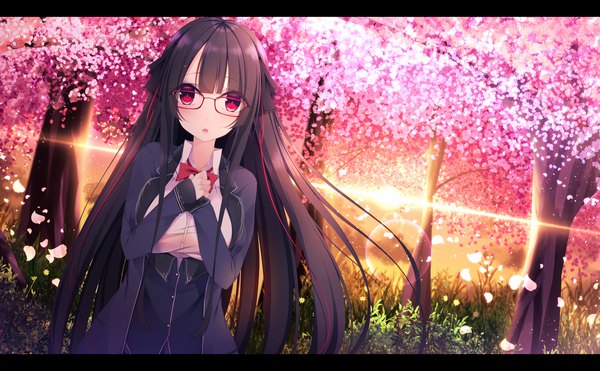 Anime picture 2000x1238 with original yoaferia single looking at viewer blush fringe highres breasts open mouth black hair hair between eyes red eyes wide image large breasts standing outdoors very long hair wind cherry blossoms lens flare