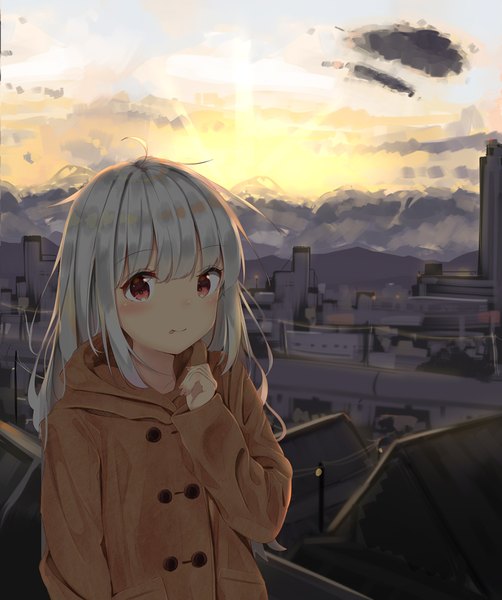 Anime picture 836x1000 with original sashima single long hair tall image looking at viewer blush fringe hair between eyes red eyes payot sky cloud (clouds) upper body outdoors white hair nail polish fingernails city evening