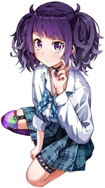 Anime picture 1144x2047 with idolmaster idolmaster shiny colors tanaka mamimi morumoru x single tall image looking at viewer blush fringe short hair simple background white background purple eyes twintails payot purple hair full body blunt bangs long sleeves nail polish
