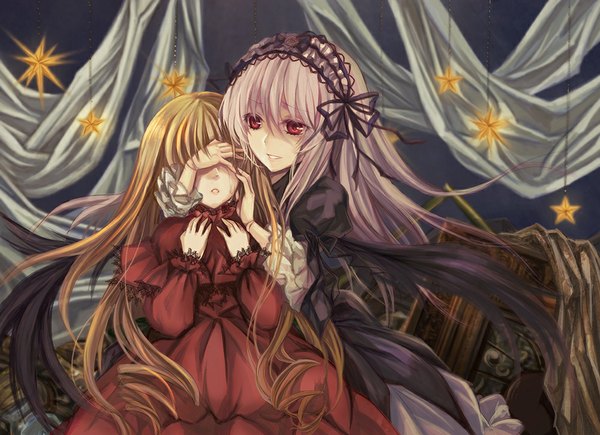 Anime picture 1000x726 with rozen maiden suigintou shinku ai (creamcaramel) long hair blonde hair red eyes multiple girls silver hair light smile puffy sleeves drill hair lolita fashion goth-loli covering eye (eyes) doll joints girl dress ribbon (ribbons) 2 girls