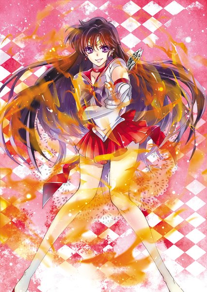 Anime picture 700x986 with bishoujo senshi sailor moon toei animation hino rei sailor mars tsuna2727 single long hair tall image looking at viewer black hair smile purple eyes full body pleated skirt bare legs magical girl girl skirt gloves earrings
