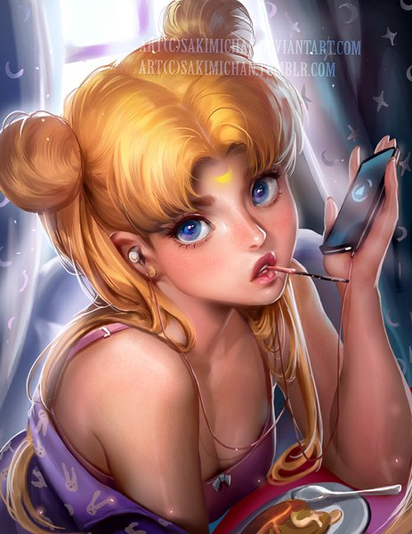Anime picture 695x900 with bishoujo senshi sailor moon toei animation tsukino usagi sakimichan single long hair tall image looking at viewer open mouth blue eyes blonde hair twintails bare shoulders signed realistic facial mark watermark light close-up crescent