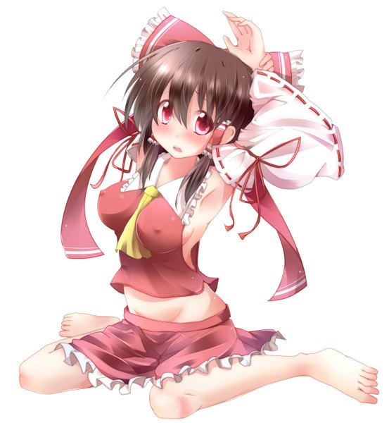 Anime picture 2769x3000 with touhou hakurei reimu hiro (pqtks113) single long hair tall image blush highres breasts open mouth light erotic black hair simple background red eyes white background barefoot arms up erect nipples covered nipples girl