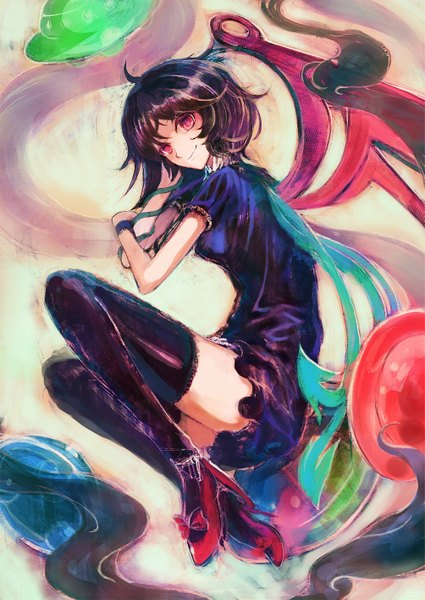 Anime picture 1003x1416 with touhou houjuu nue nokishita single tall image looking at viewer blush short hair black hair smile red eyes ahoge high heels asymmetrical wings girl thighhighs dress black thighhighs wings black dress