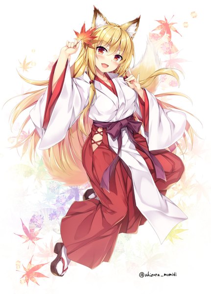 Anime picture 1397x1943 with original akizora momiji single long hair tall image looking at viewer blush fringe breasts open mouth blonde hair hair between eyes red eyes white background holding signed animal ears payot full body bent knee (knees)