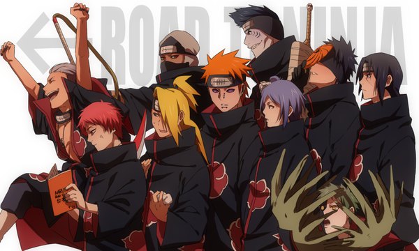 Anime picture 1073x644 with naruto studio pierrot naruto (series) uchiha itachi uchiha obito tobi deidara sasori pain (naruto) konan hidan hoshigaki kisame kakuzu zetsu hedoro long hair looking at viewer short hair open mouth blue eyes