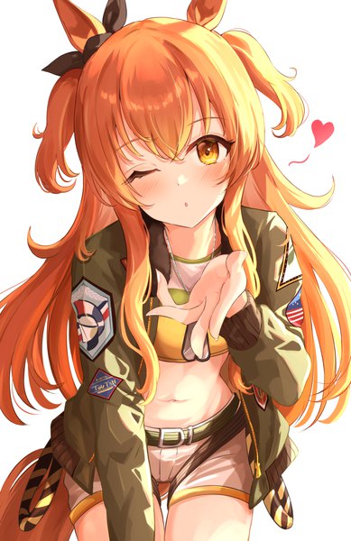 Anime picture 1766x2726 with umamusume mayano top gun (umamusume) sky cappuccino single long hair tall image looking at viewer blush highres simple background white background animal ears tail animal tail one eye closed orange hair open jacket midriff orange eyes two side up