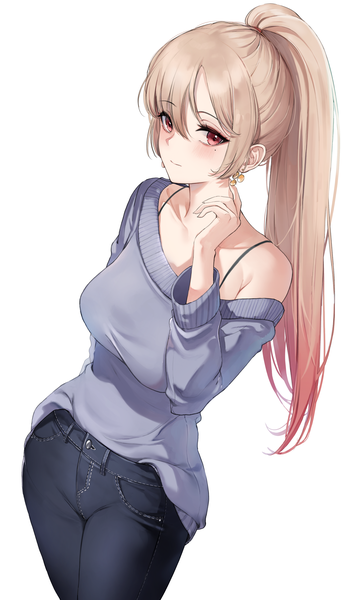 Anime picture 2396x4072 with original emyo single long hair tall image looking at viewer blush fringe highres breasts simple background blonde hair hair between eyes red eyes standing white background payot ponytail long sleeves arm up