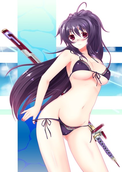 Anime picture 1157x1637 with cu-no kokonoe tamaki hisenkaede single long hair tall image blush light erotic black hair red eyes nail polish girl weapon swimsuit bikini sword glasses katana black bikini pince-nez