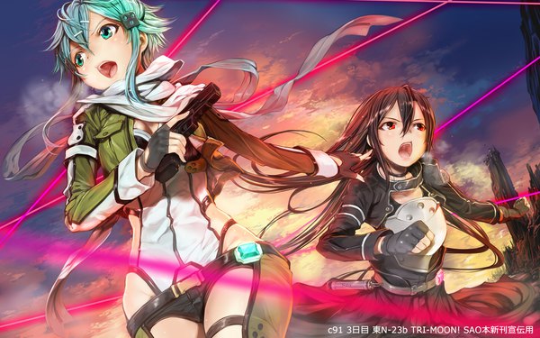 Anime picture 1920x1200 with sword art online a-1 pictures kirigaya kazuto asada shino mikazuki akira long hair blush fringe highres short hair breasts open mouth light erotic black hair hair between eyes red eyes holding payot looking away cleavage