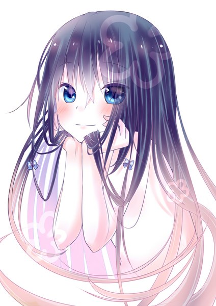 Anime picture 744x1052 with original yomogi single long hair tall image looking at viewer blush fringe blue eyes simple background smile white background purple hair girl bow hair bow