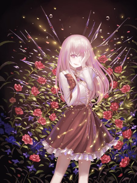 Anime picture 1200x1600 with original rinmmo single long hair tall image looking at viewer fringe simple background hair between eyes standing pink hair pink eyes lips wide sleeves tears dark background crying frilly skirt hand on face covering eye (eyes)
