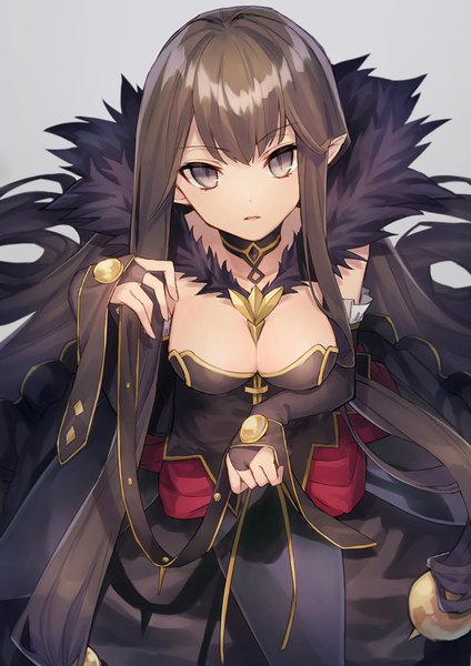 Anime picture 842x1192 with fate (series) fate/apocrypha semiramis (fate) coyucom single long hair tall image looking at viewer breasts light erotic black hair simple background cleavage pointy ears grey background grey eyes leaning leaning forward girl fur