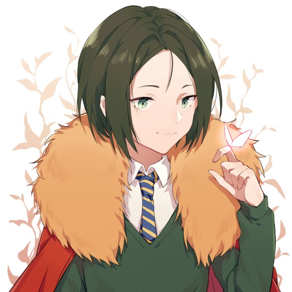 Anime picture 826x826 with fate (series) fate/zero waver velvet anchun (quail0503) single short hair green eyes looking away upper body light smile fur trim dark hair butterfly on hand boy necktie fur insect butterfly fur collar