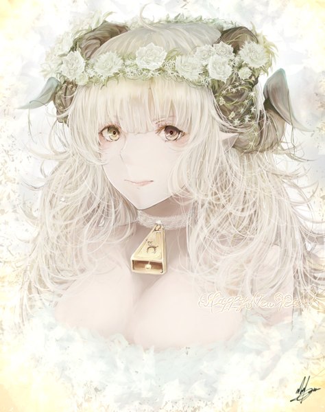 Anime picture 1008x1274 with original marumoru single long hair tall image looking at viewer brown eyes signed upper body white hair horn (horns) new year happy new year girl bell wreath