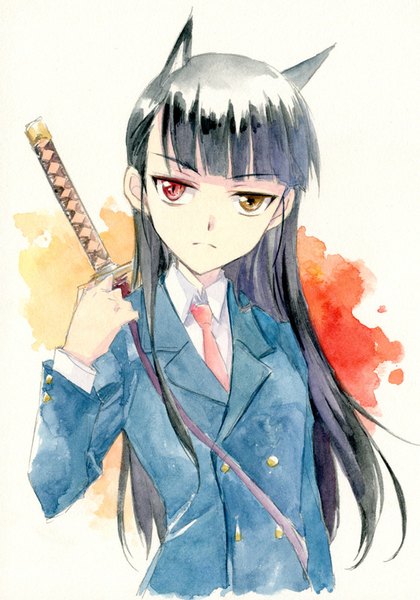 Anime picture 561x800 with strike witches sakamoto mio agahari single long hair tall image looking at viewer fringe black hair white background animal ears cat ears heterochromia alternate hairstyle traditional media watercolor (medium) girl weapon sword katana