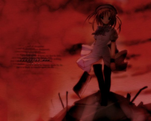 Anime picture 1280x1024 with higurashi no naku koro ni studio deen ryuuguu rena single looking at viewer standing holding sky cloud (clouds) full body outdoors wind blurry inscription evening red background dress lift wind lift girl thighhighs