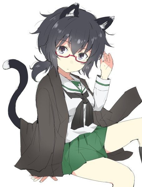 Anime picture 1000x1315 with girls und panzer oryou (girls und panzer) gedou (ge ge gedou) single long hair tall image looking at viewer fringe black hair simple background hair between eyes white background sitting animal ears bent knee (knees) tail animal tail pleated skirt cat ears arm support