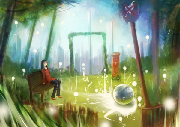 Anime picture 2400x1699 with original bounin single long hair highres black hair sitting black eyes girl plant (plants) tree (trees) bench