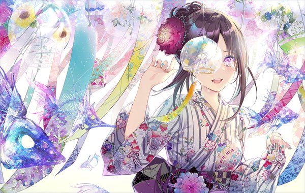 Anime picture 1055x669 with original kinokohime single looking at viewer blush fringe short hair open mouth simple background smile brown hair standing white background purple eyes payot upper body nail polish traditional clothes :d japanese clothes