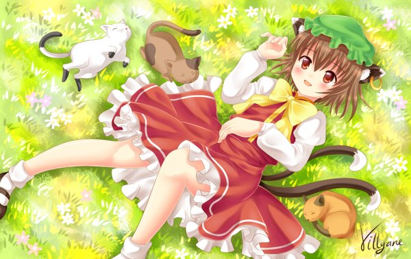 Anime picture 1299x822 with touhou chen villyane single blush short hair open mouth smile brown hair brown eyes animal ears tail lying animal tail cat ears cat tail loli multiple tails girl dress