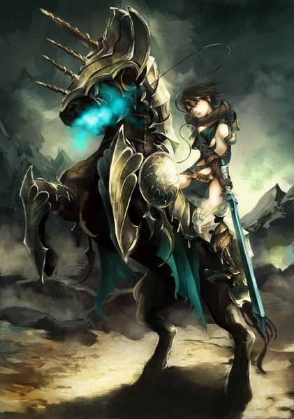 Anime picture 1403x2000 with original akaikitsune single tall image fringe short hair light erotic black hair holding looking away lips glow riding girl weapon animal sword boots armor horse