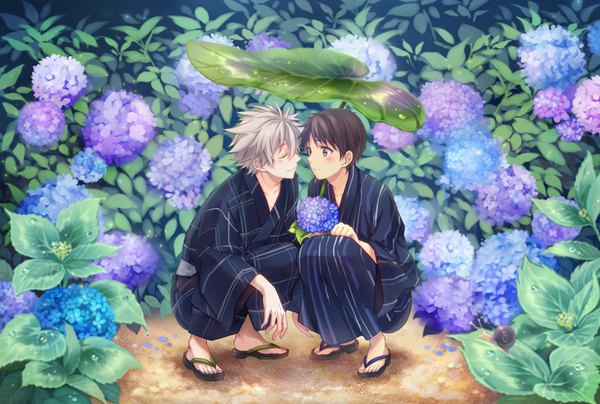 Anime picture 1349x909 with neon genesis evangelion gainax ikari shinji nagisa kaworu ima (luce365) blush fringe short hair blue eyes brown hair holding looking away silver hair full body outdoors eyes closed traditional clothes japanese clothes wide sleeves multiple boys