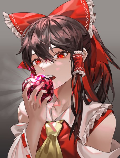 Anime picture 1295x1702 with touhou bad apple!! hakurei reimu reki (user rcrd4534) single long hair tall image fringe simple background hair between eyes red eyes brown hair upper body ponytail traditional clothes japanese clothes grey background eating nontraditional miko girl