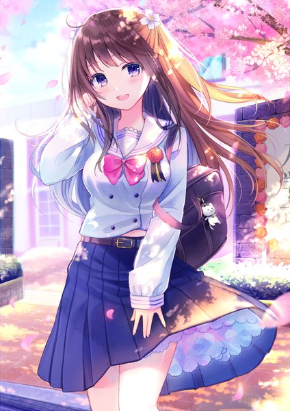 Anime picture 777x1100 with original moe2019 kashiwabara en single long hair tall image looking at viewer blush fringe open mouth smile brown hair standing purple eyes sky cloud (clouds) ahoge outdoors long sleeves head tilt