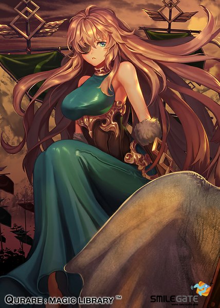 Anime picture 600x840 with qurare: magic library r.alnilam single long hair tall image fringe breasts blue eyes brown hair large breasts sky evening sunset girl eyepatch clothes