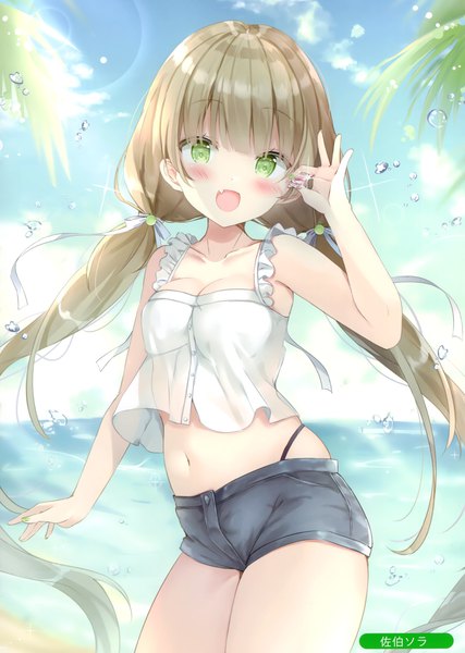 Anime picture 2105x2958 with melonbooks saeki sora single long hair tall image looking at viewer blush highres breasts open mouth light erotic smile brown hair twintails bare shoulders holding green eyes signed cleavage outdoors