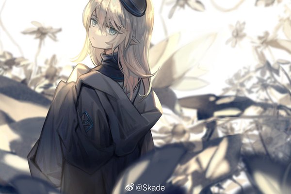 Anime picture 1200x800 with arknights durin (arknights) skade single long hair looking at viewer fringe blonde hair hair between eyes signed looking back from above pointy ears grey eyes girl hat
