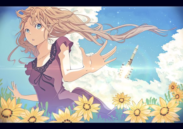 Anime picture 1500x1059 with original shimashima single long hair open mouth blue eyes blonde hair sky cloud (clouds) girl dress flower (flowers) sundress