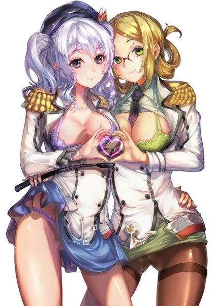 Anime picture 1171x1662 with kantai collection kashima training cruiser katori (kantai collection) st.microscope long hair tall image looking at viewer breasts blue eyes light erotic blonde hair multiple girls green eyes cleavage white hair pantyshot partial nude heart hands girl skirt