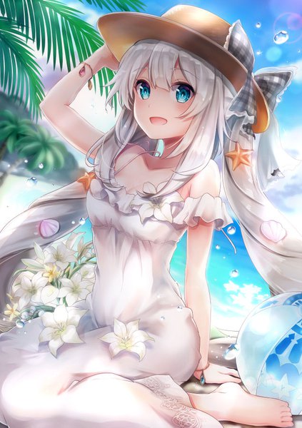 Anime picture 635x900 with fate (series) fate/grand order marie antoinette (fate/grand order) hishima0425 single long hair tall image looking at viewer blush fringe open mouth blue eyes smile hair between eyes sitting twintails sky silver hair cloud (clouds) outdoors