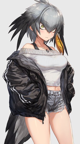 Anime picture 674x1198 with kemono friends shoebill (kemono friends) guchico single tall image looking at viewer fringe short hair breasts simple background hair between eyes standing bare shoulders green eyes tail animal tail grey hair off shoulder grey background open jacket