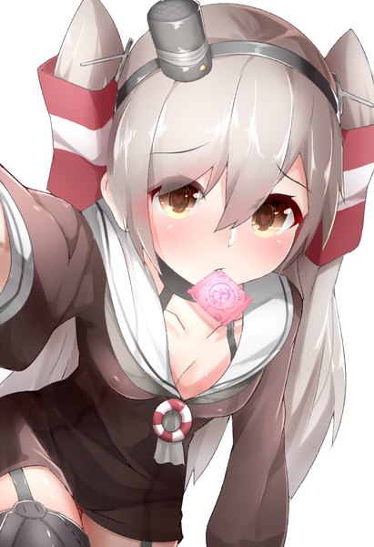 Anime picture 800x1167 with kantai collection amatsukaze destroyer boruhis single long hair tall image looking at viewer blush fringe light erotic simple background hair between eyes white background holding brown eyes from above grey hair two side up mouth hold symbol-shaped pupils