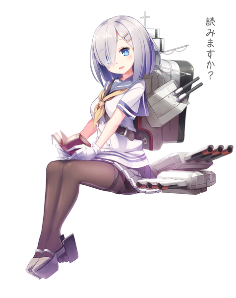 Anime picture 1191x1500 with kantai collection hamakaze destroyer blvefo9 single tall image looking at viewer blush fringe short hair blue eyes simple background white background hair over one eye girl skirt hair ornament weapon miniskirt pantyhose shoes